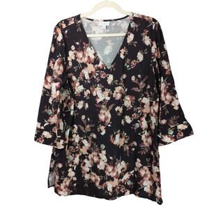 J Jill Tunic‎ Womens L Floral 3/4 Sleeve V Neck Blouse